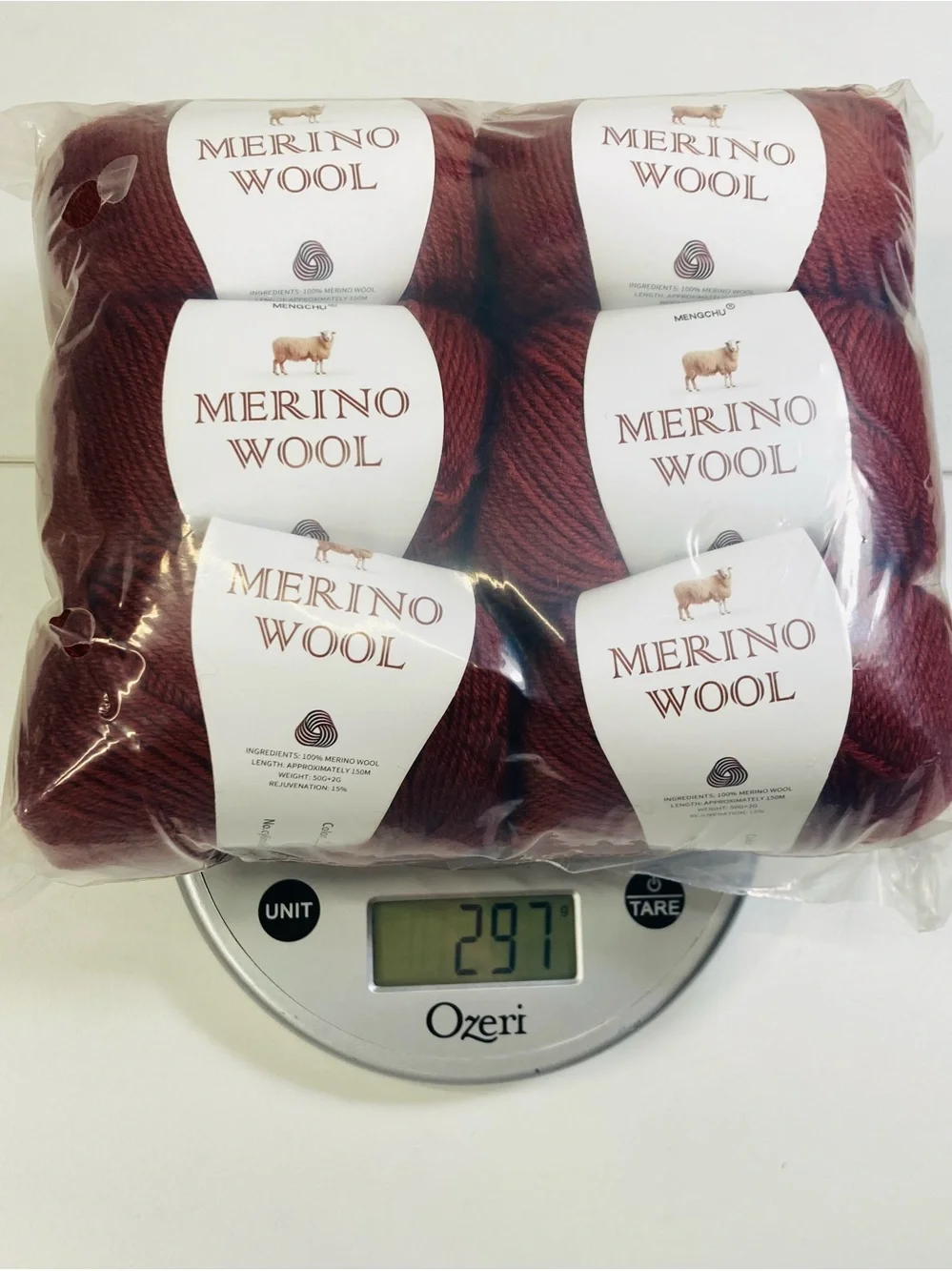 6 NWT ~300g Mengchu 100% Merino Wool Yarn 6 Skeins Crisp color: Autumn Red